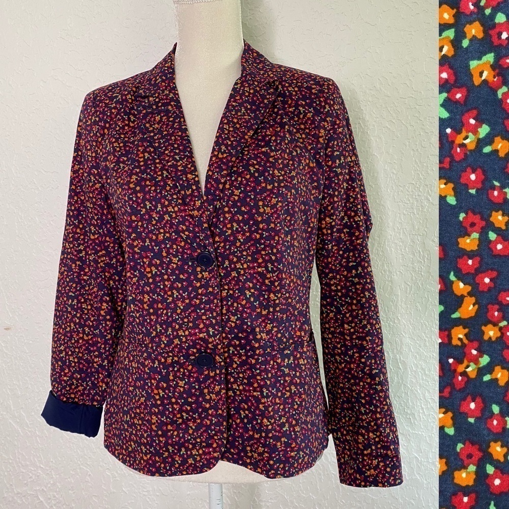 GAP Navy Blue Colorful Cotton Spring Floral Print Boyfriend Blazer Jacket Size 6